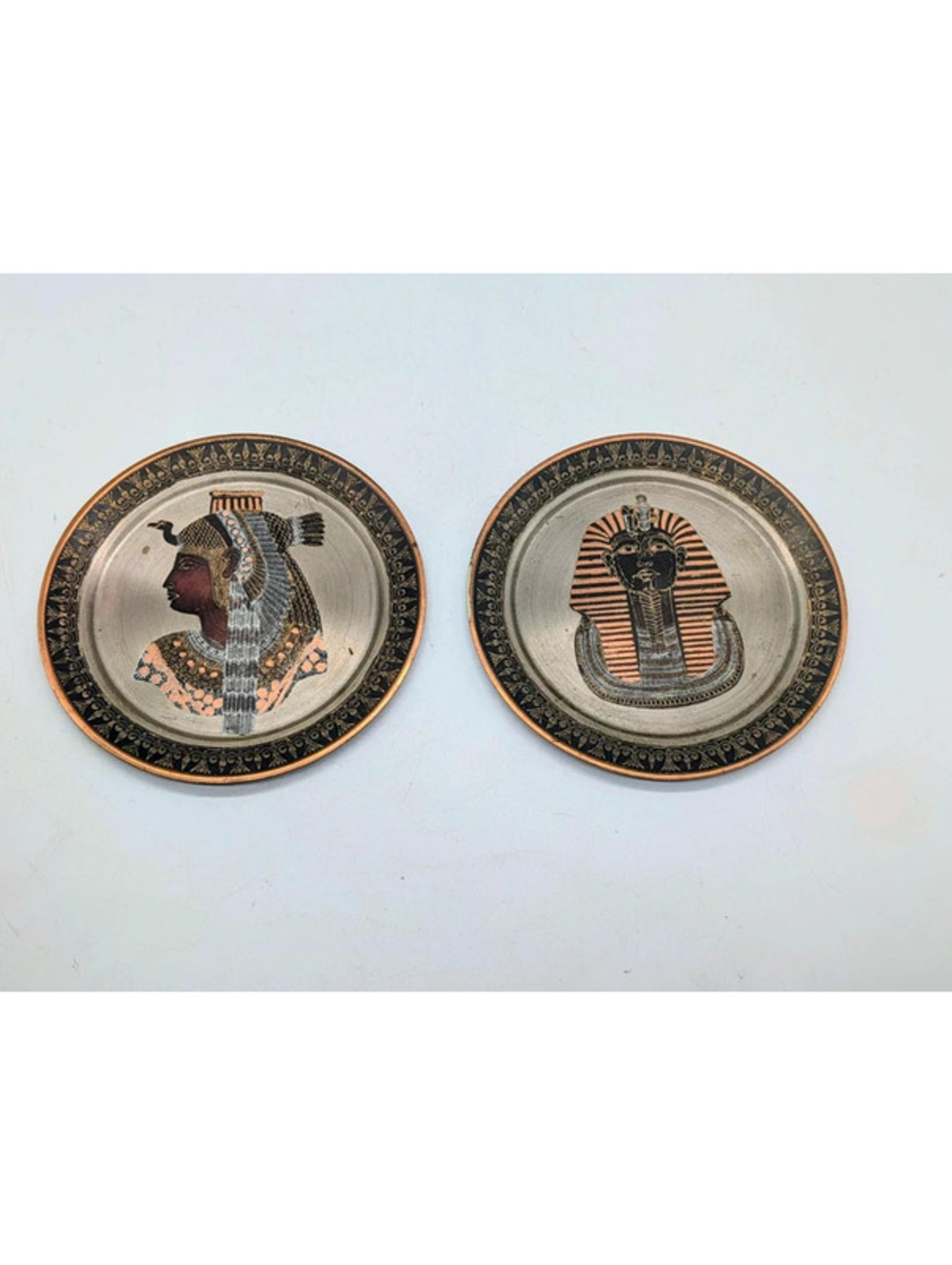 Vintage Egyptian Etched Metal Wall Plates - Set of 2 (Isis & King Tut)